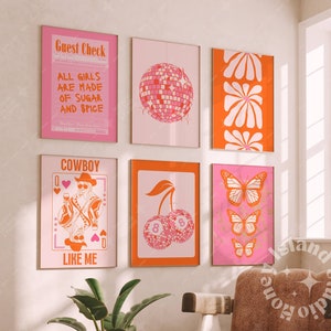 Pink orange gallery wall art set of 6 trendy retro wall art preppy aesthetic room decor funky gallery wall retro  trendy bar cart Digital