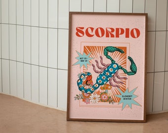 Scorpio Poster, Zodiac Print, Scorpio Retro Wall Decor, Digital Download Print, Large Printable Art, Scorpio Downloadable Prints