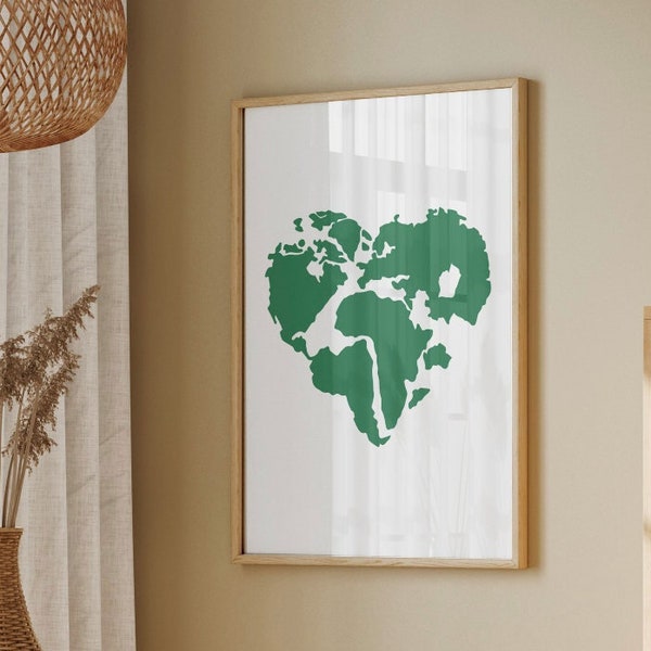 Green World Map Heart Print, Earth Love Poster (Digital Download)
