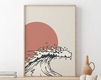 Wave Surf Art ,Retro Vintage Wave Poster, Downloadable Surf Art, Island Printable Artwork, Gifts for him, her, kids bedroom decor,