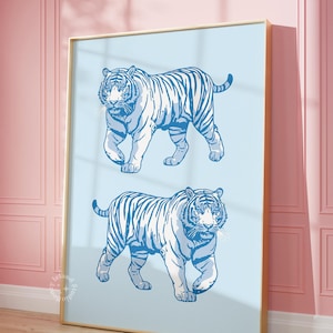 Tiger print, Blue preppy dorm decor, trendy wall print, retro wall prints, Tiger wall print, Blue tiger poster UNFRAMED