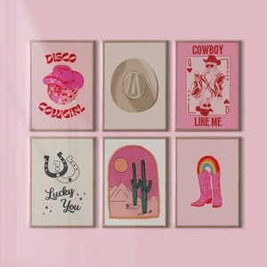 Set of 6 Disco Cowgirl Prints, Nashville Gallery Prints, Western Boots Wall Art, Retro Decor, Pink Cowgirl Aesthetic, Preppy Dorm Decor