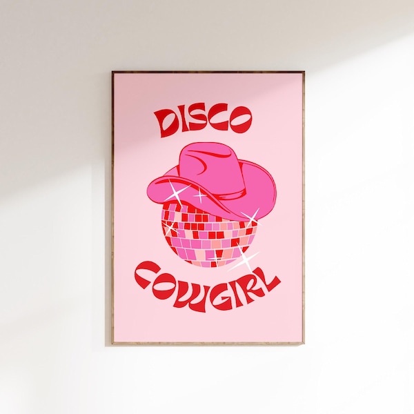 Pink Disco Cowgirl Druck, Retro Cowboy Hut, Nashville Wandkunst (Digitaler Download)