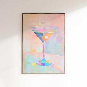Arte de pared de martini, impresión de cóctel funky, decoración de carrito de bar en tonos pastel, impresiones de decoración de dormitorio preppy, arte, decoración moderna Y2K, decoración estética de carrito de bar SIN MARCO