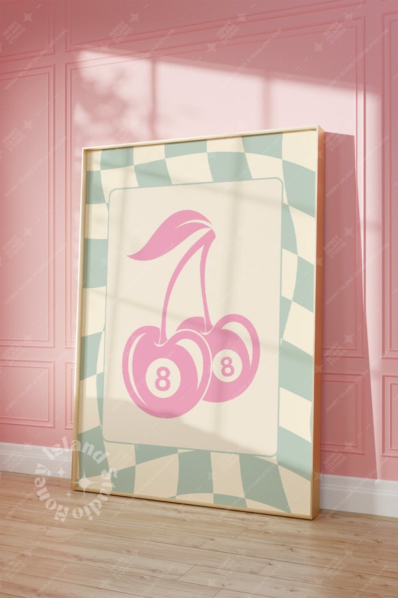 Cherry Ball 8 Print, Sage Green Pink Lucky You Prints, Pastel print, Trendy Bar Cart, Y2k Art Print,Preppy Dorm Room Decor, Retro Aesthetic