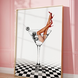 Impresión de cóctel Martini retro funky, póster de cóctel Martini Stiletto, arte de pared de carrito de bar, arte de pared de cóctel retro,