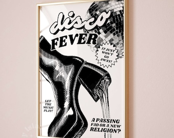 Funky Disco Fever Print, Retro Black and White Poster (Instant Download)