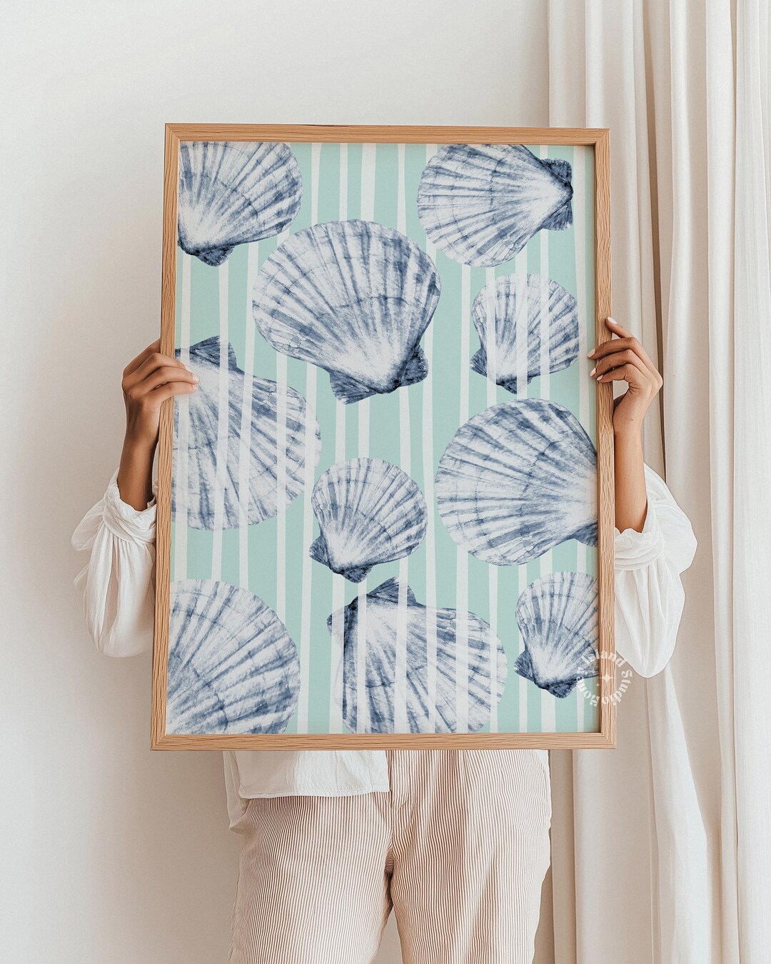 Seashell Wall Art Coastal Print – Blue Stripe Beach Decor | Nautical ...