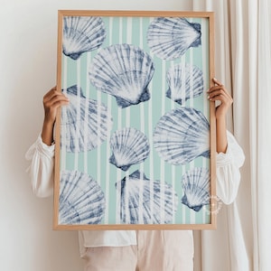 Seashell Wall Art Coastal Print – Blue Stripe Beach Decor | Nautical Ocean Art Print | Bathroom or Living Room Coastal Poster UNFRAMED