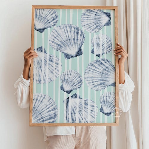 Seashell Coastal Print – Blue Stripe Nautical Wall Art (UNFRAMED)