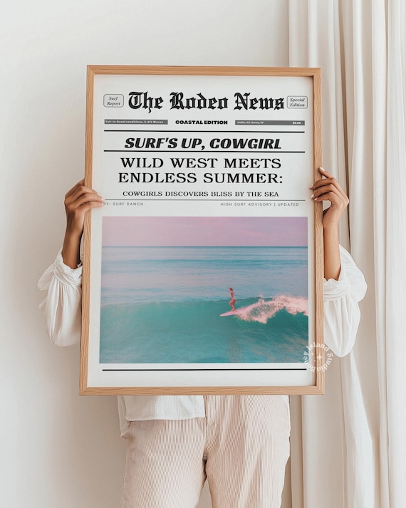 Coastal Cowgirl Surfing Newspaper Print, Western Dorm Decor (UNFRAMED)