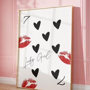 Lucky Girl 7-afdruk, poster hartenkoningin, preppy slaapzaaldecor, pokerkaartafdruk, retro kunst aan de muur, hartenkoningin, INGELIJST