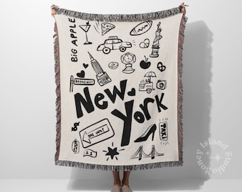 New York Doodles Woven Blanket, NY jacquard blanket, NY black white throw blanket Tapestry Living Room Couch Bed Cotton Knitted Wall Art