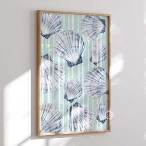 Seashell Wall Art Coastal Print – Blue Stripe Beach Decor | Nautical ...