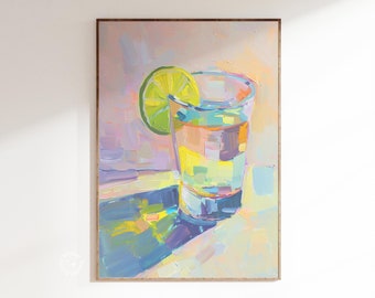 May include: A painting of a glass of lemonade with a lime wedge on the rim. The glass is on a table with a colorful, abstract background.