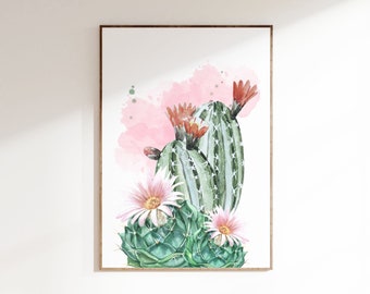 Watercolor Cactus Print, Pink Floral Cactus Art (Digital Download)