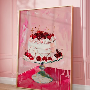 Impression de gâteau rétro, cerise sur le dessus, peinture d'art de gâteau mignon, art rose rouge, art de gâteau aux cerises, art de l'affiche de cuisine de gâteau français
