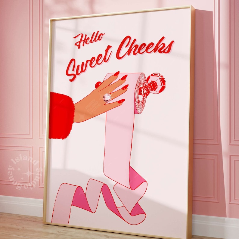 Cute Restroom Prints, Hello Sweet Cheeks Print, Wall Art, Restroom Decor, Girly Pink Prints, Retro Art Print, Vintage vibes,