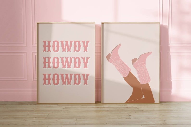 Pink Rodeo Howdy Poster Print, Set of 2, Preppy Western Wall Art, Cowgirl Poster, Pink Cowboy Boots, Printable Poster, Preppy Decor,