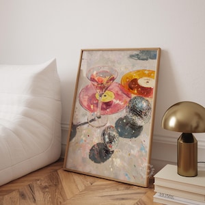 Martini wall art, Disco ball poster, Bar cart prints, Light pink wall art, Disco poster, Bar cart decor, Cocktail Oil Painting art, UNFRAMED