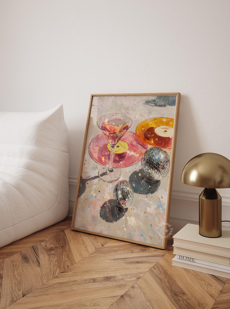 Martini wall art, Disco ball poster, Bar cart prints, Light pink wall art, Disco poster, Bar cart decor, Cocktail Oil Painting art, UNFRAMED