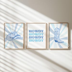 Cowgirl Set of 3 Prints, Cowgirl Light Blue Retro, Pink Western Prints, Cowgirl Boots Hat Wall decor, Preppy Nash, DIGITAL DOWNLOAD