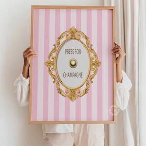 Press for Champagne art print, Chic Door Bell Bar Cart, French decor, Press for Champagne Button wall decor, Pink girly prints UNFRAMED