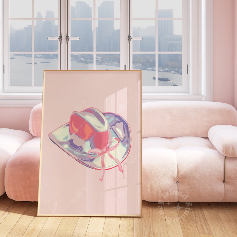 Cowgirl Coquette Bow pink Cowgirl hat western wall art dorm decor girl room wall poster printed poster trendy poster iridescent cowgirl hat