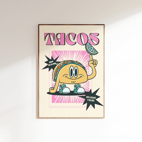 Tacos Print, Cute Retro Tacos Poster, Tacos Kitchen Wall Art, Retro Vintage Tacos, Preppy Dorm Decor, Apartment Decor