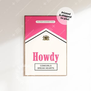 Retro Howdy Print, Cowgirl Prints, Pink Cigarette Pack Print, Western Poster, Preppy Dorm Decor, Bar cart wall art, Howdy Cowgirl Pint,