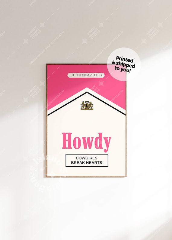 Retro Howdy Print, Cowgirl Prints, Pink Cigarette Pack Print, Western Poster, Preppy Dorm Decor, Bar cart wall art, Howdy Cowgirl Pint,