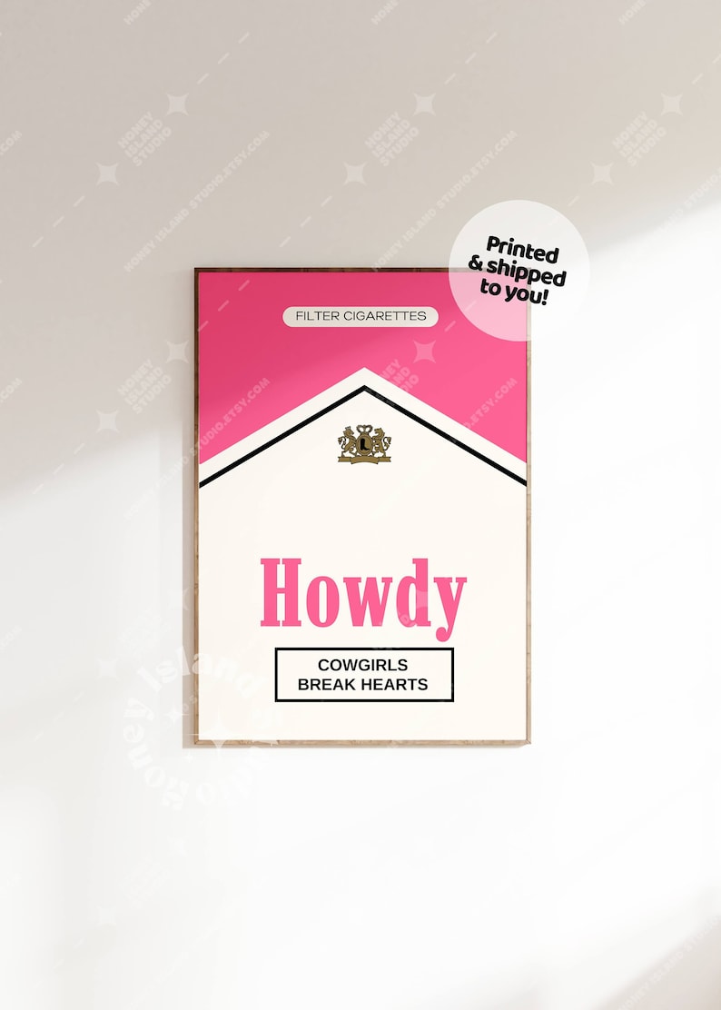 Retro Howdy Print, Cowgirl Prints, Pink Cigarette Pack Print, Western Poster, Preppy Dorm Decor, Bar cart wall art, Howdy Cowgirl Pint,