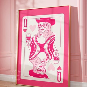 Pink queen of hearts, cowgirl print, champagne poster, bar cart decor, dorm decor preppy wall art, pink girly decor, UNFRAMED