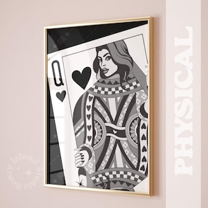 Decoración de carrito de bar con reina de corazones, impresión en blanco y negro con champán de la suerte, arte de pared retro, decoración de dormitorio