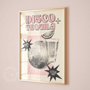 Póster de discoteca rosa y tequila, impresión artística retro vintage de discoteca y tequila, descarga digital de carrito de bar, decoración de dormitorio.