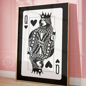 Impresión de reina de corazones con carta de póker y champán, arte de pared retro, decoración de dormitorio, impresiones femeninas de estética vintage
