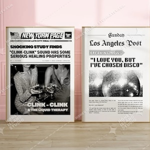 Modny retro wydruk ścienny, zestaw 2 plakatów Disco Champagne Headline, modny wózek barowy, wystrój pokoju w akademiku, odjechana sztuka ścienna, CYFROWE