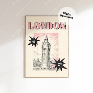 London Print, London UK Poster, Retro London Boy Digital Download, Trendy Pink Girly Print, UK London Travel Poster, DIGITAL
