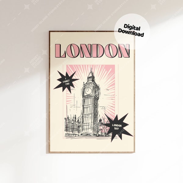 London Print, London UK Poster, Retro London Boy Digital Download, Trendy Pink Girly Print, UK London Travel Poster