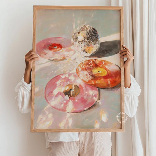 Impression d'art disque vinyle disco rose : peinture à l'huile style boule disco sans cadre
