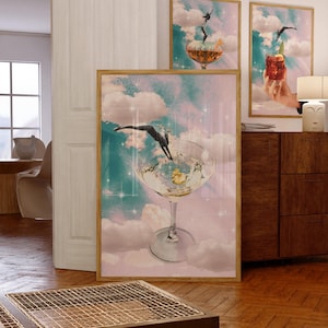 Impresión artística de collage de copas de martini con cóctel retro, decoración de carrito de bar de bebidas, obra de arte vintage con copas de cóctel, póster de bebidas retro, sin marco