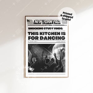 This Kitchen is For Dancing Print, Retro Newspapers Print, Disco News Headline Kitchen Print, Black White Kitchen Art,