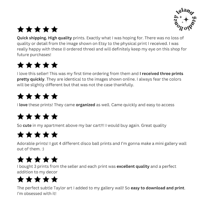 May include: Five-star reviews for high-quality prints. The reviews highlight the quick shipping, organized packaging, and accurate representation of the prints compared to the online images. The prints are described as cute, adorable, and excellent quality. The reviews mention using the prints for home decor and gallery walls.