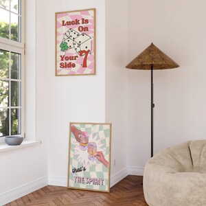 Set of 2 prints with Luck is on your side print with checkered background, dice, lucky 7 , and green clove. Print 2 has sage green checkered background, two glasses of wine,  champagne, cheers, with vintage font, that's the spirit.