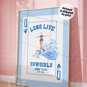 Coastal Cowgirl Wall Art, Long Live Cowgirls print, Queen of Hearts, Western Wall Art, Beach Rodeo Art, Girly Blue Prints, Trendy Dorm Decor