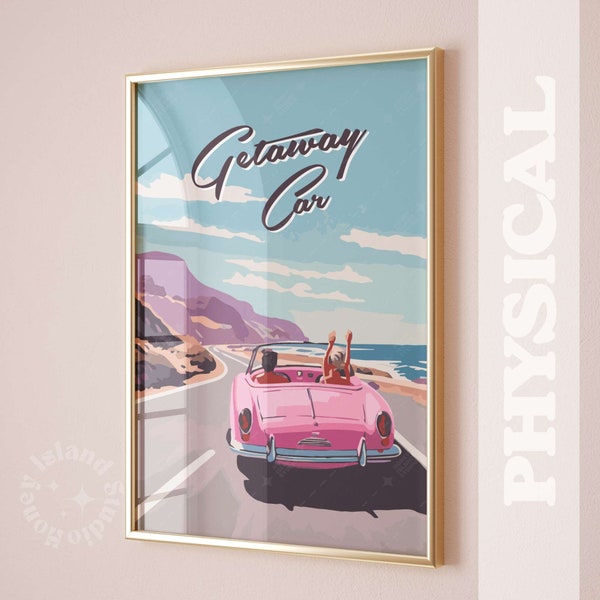 Getaway Car Print, Taylor Getaway Car, Retro California Coast print, Bar Cart Decor, College Wall Decor, Preppy Dorm Decor, Pink Coastal,