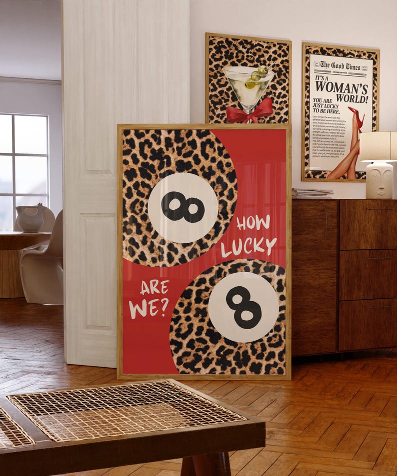 How Lucky Are We Print | Trendy 8 Ball Wall Art with Red & Leopard Aesthetic | Retro Poster for Bedroom, Dorm, Gallery Wall Decor UNFRAMED