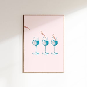 Retro Wine Diving Blue and Pink Printable Art, Apartment Decor,