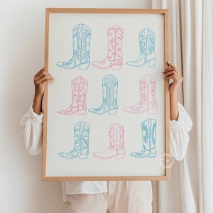 Stampa cowgirl, stampa murale cowgirl western, blu rosa, stampa western, stampa stivali da cowboy rosa, poster da parete stivali da cowgirl, SENZA CORNICE