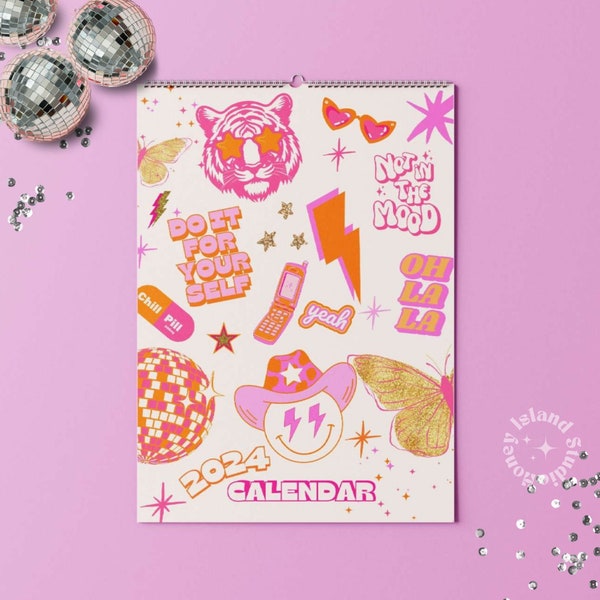 2024 Calendar Daily Planner Preppy Girl  Pink Orange, 2024 Dorm Calendar